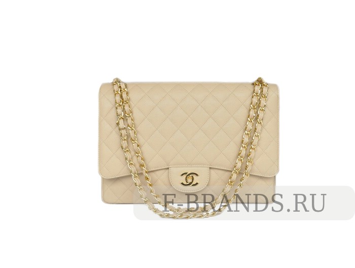 Сумка Chanel Caviar Maxi jumbo Flap bag бежевая c золотой фурнитурой